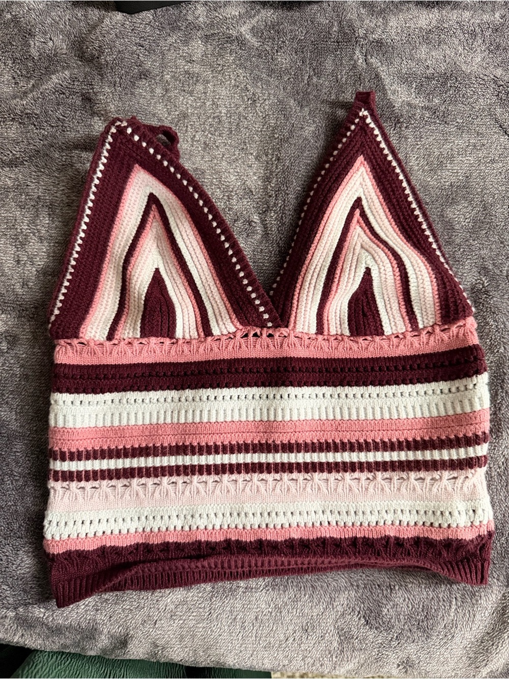 Arden B. Striped Crochet Bralette in Burgundy, Pink & Cream